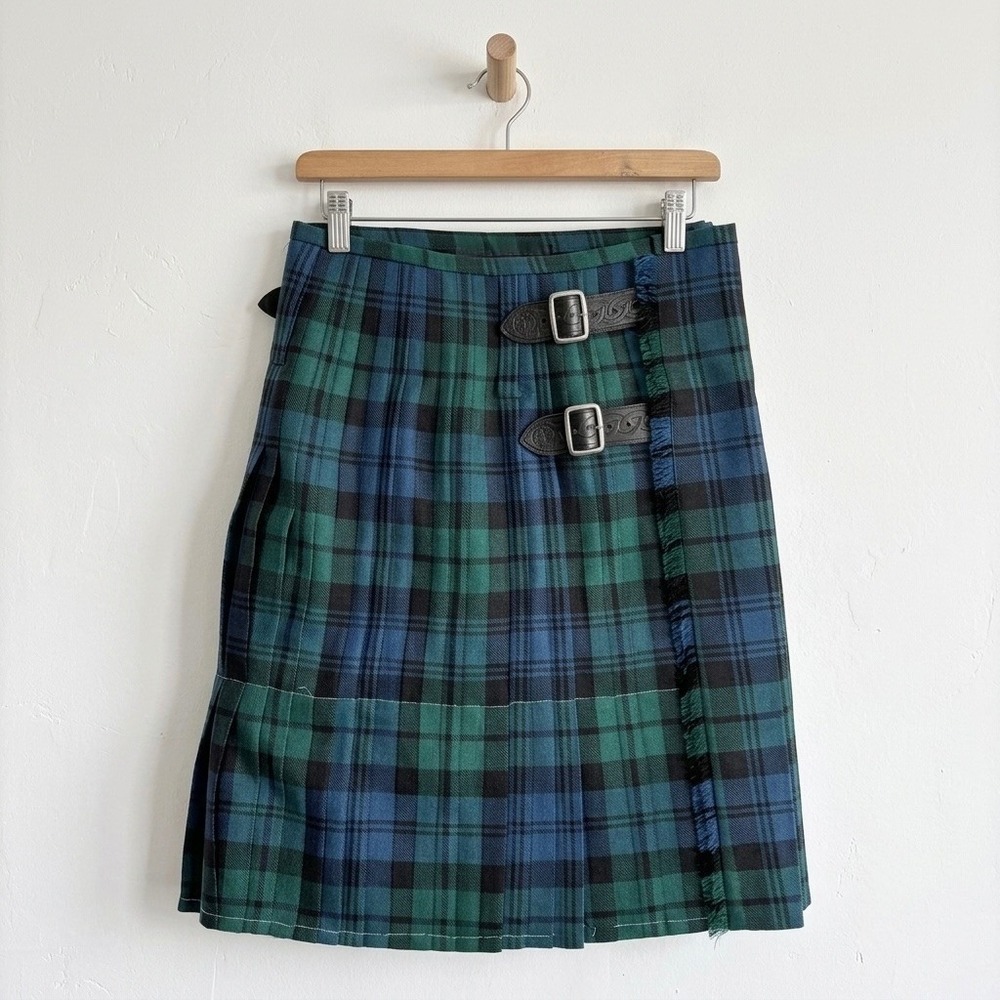 USA Kilts Green Blue Tartan Plaid Kilt Leather Buckle Straps 29 Waist 23.5 L